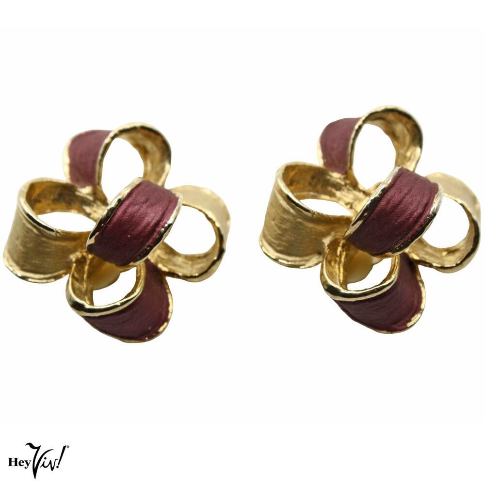 Vintage Gold Tone Burgundy Enamel Bow Clip-On Earrings 1.5" Statement - Hey Viv